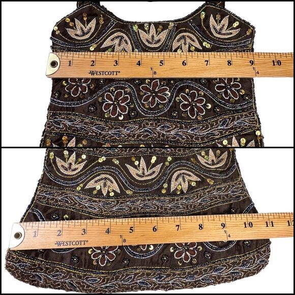 K&K VTG Table Tops Chocolate Brown Satin Floral Embroidered Sequin Shoulder Bag - Picture 12 of 13